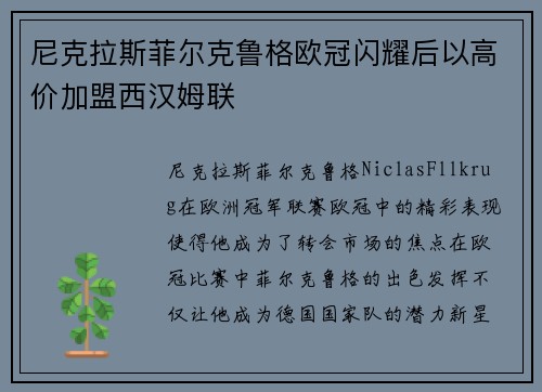 尼克拉斯菲尔克鲁格欧冠闪耀后以高价加盟西汉姆联